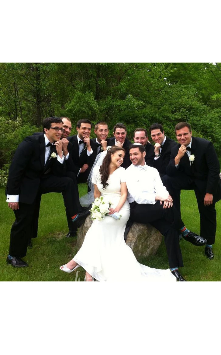 Cowl Short Sleeve Sheath Jersey Wedding Dress With Sash And Button Back