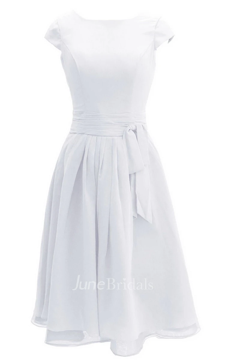 Cap-sleeved Knee-length Chiffon Dress With Ribbon
