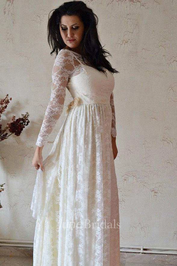 Scoop-Neck Lace Illusion Long Sleeve Wedding Dress With Pleats