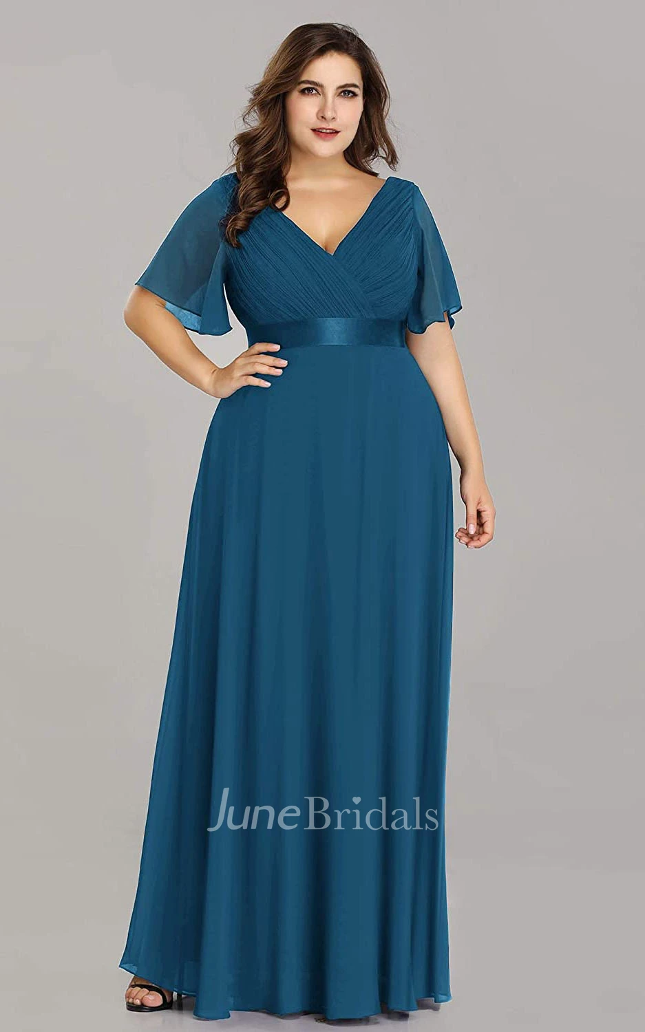 A Line V-neck Chiffon Half Sleeve Prom Dress With Criss Cross and Ruching
