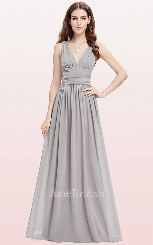 A Line V-neck Chiffon Sleeveless Evening Dress With Ruffles