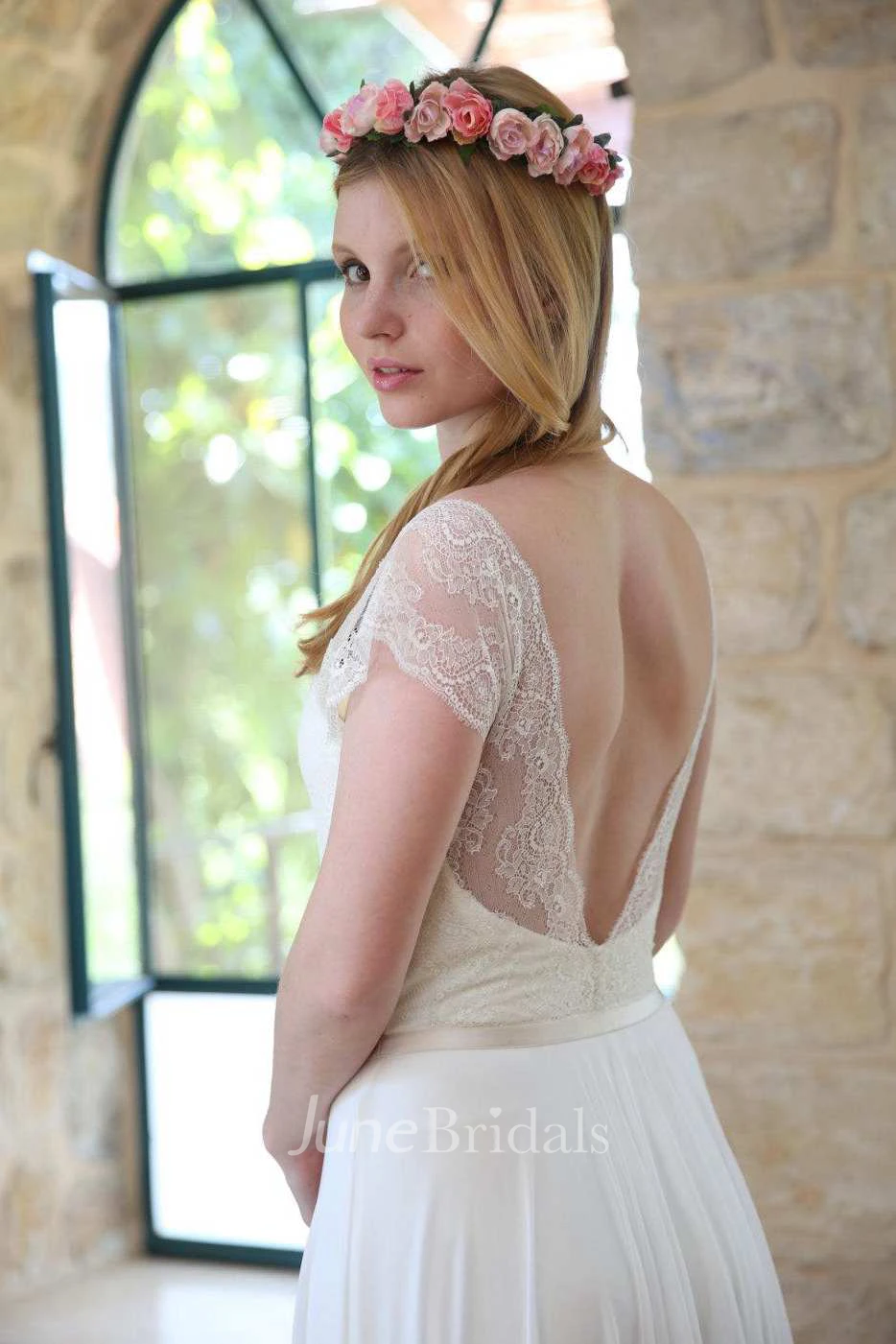 Scoop-Neck Cap-Sleeve Sleeveless Chiffon Long Pleated Wedding Dress With Deep-V Back