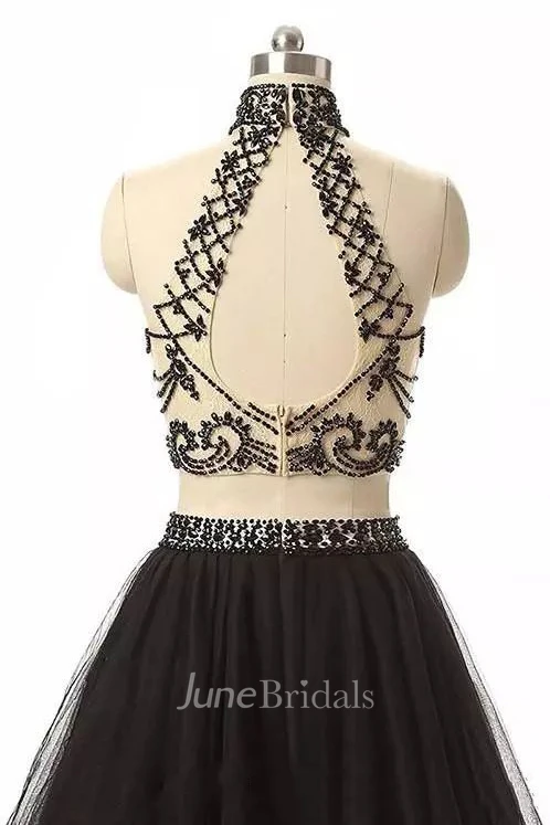 Two Piece High Neck Sleeveless Beading Pleats Ruffles High-low Tulle Homecoming Dress