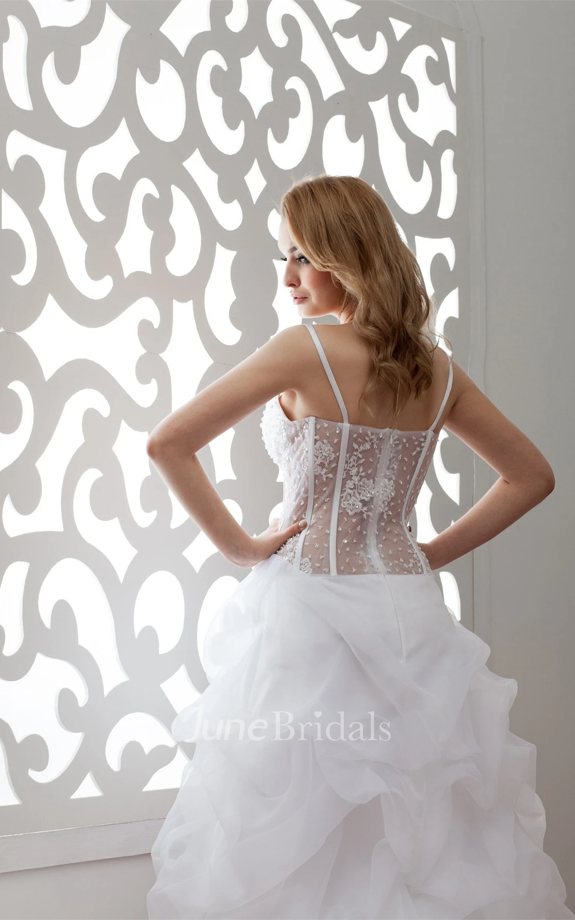 Plunged Spaghetti-Strap Front-Split Dress with Appliques and Illusion Waist