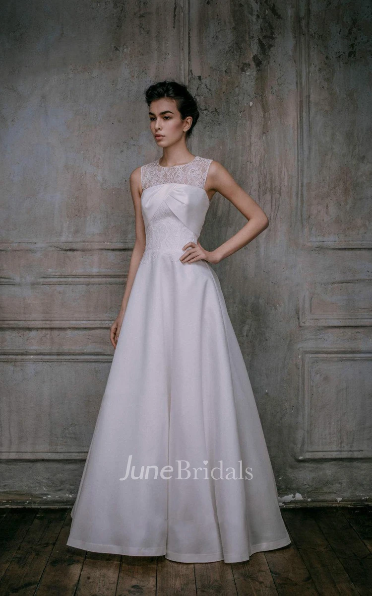 A-Line Scoop Sleeveless Satin Lace Dress With Illusion Back