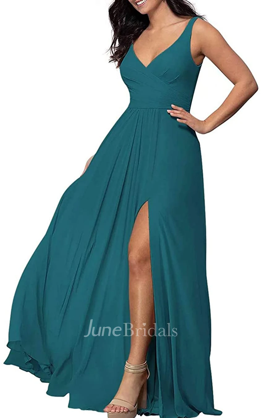 Sexy A Line V-neck Chiffon Sleeveless Bridesmaid Dress