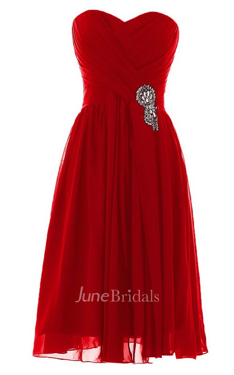 Sweetheart Short Chiffon Dress With Pleats and Beadings