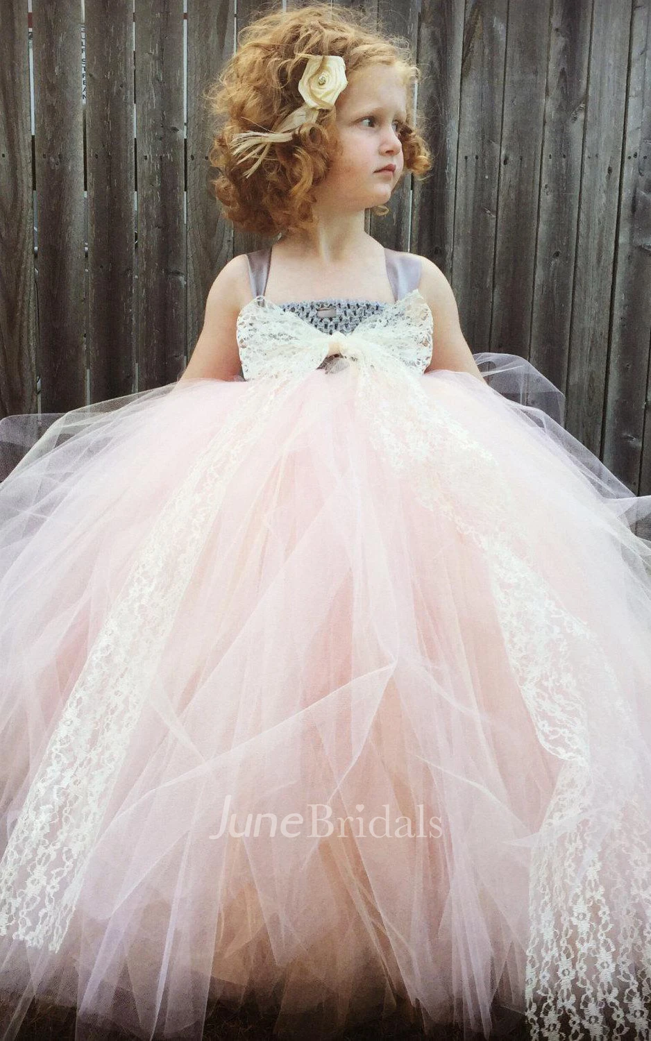 Strapped Pleated Tulle Ball Gown With Flower&Sash Ribbon