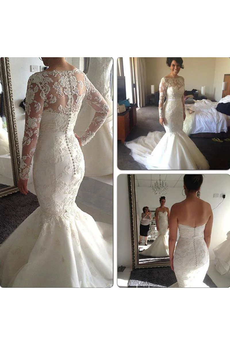 Delicate Lace Appliques Mermaid Wedding Dress Long Train Zipper