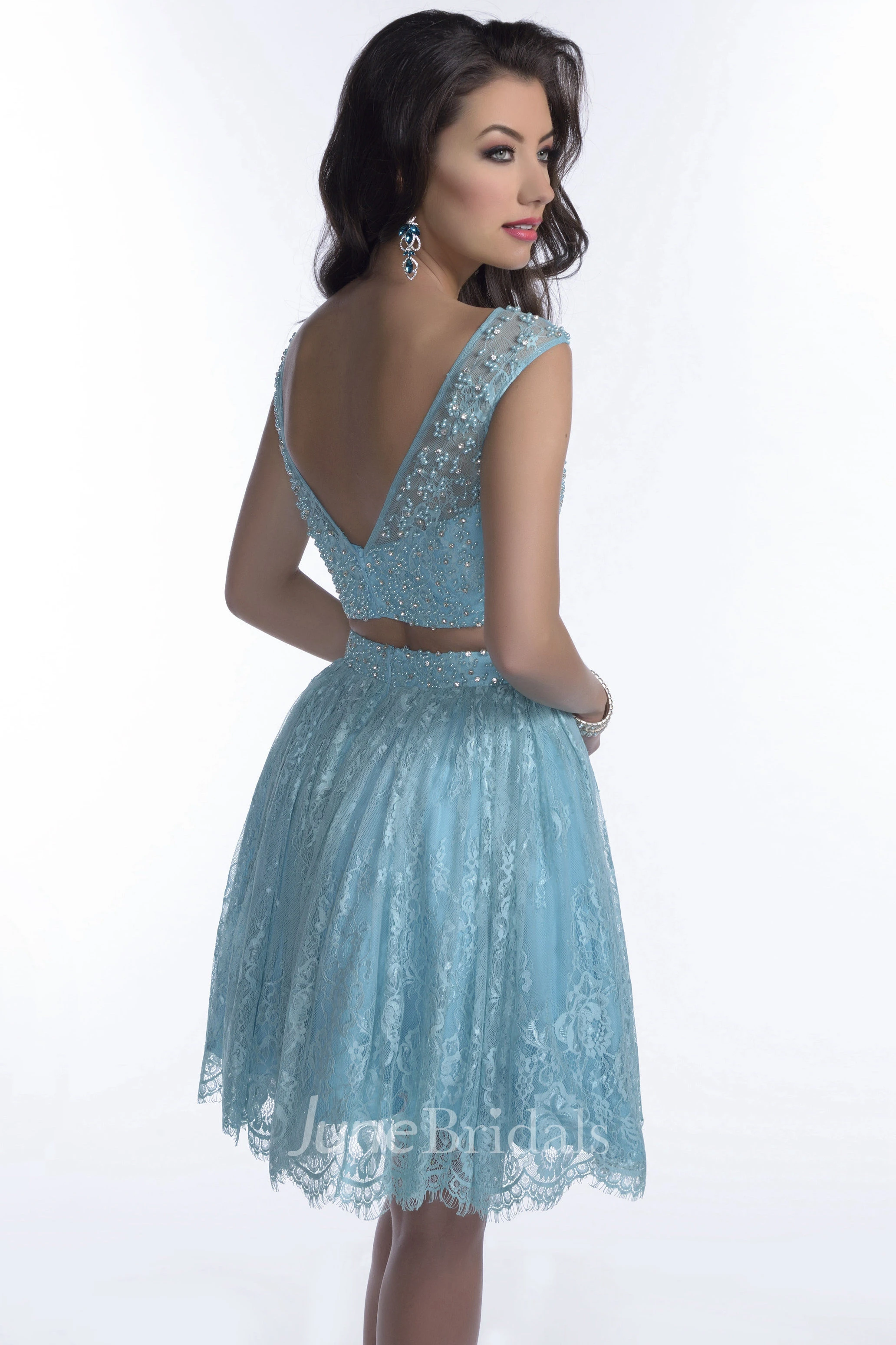 Crop Top Lace Skirt A-Line Prom Dress With Bateau Neck And Beadwork