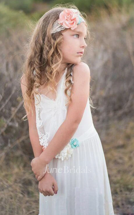 Boho Flower Girl Beach Sleeveless V-neck Lace Dress