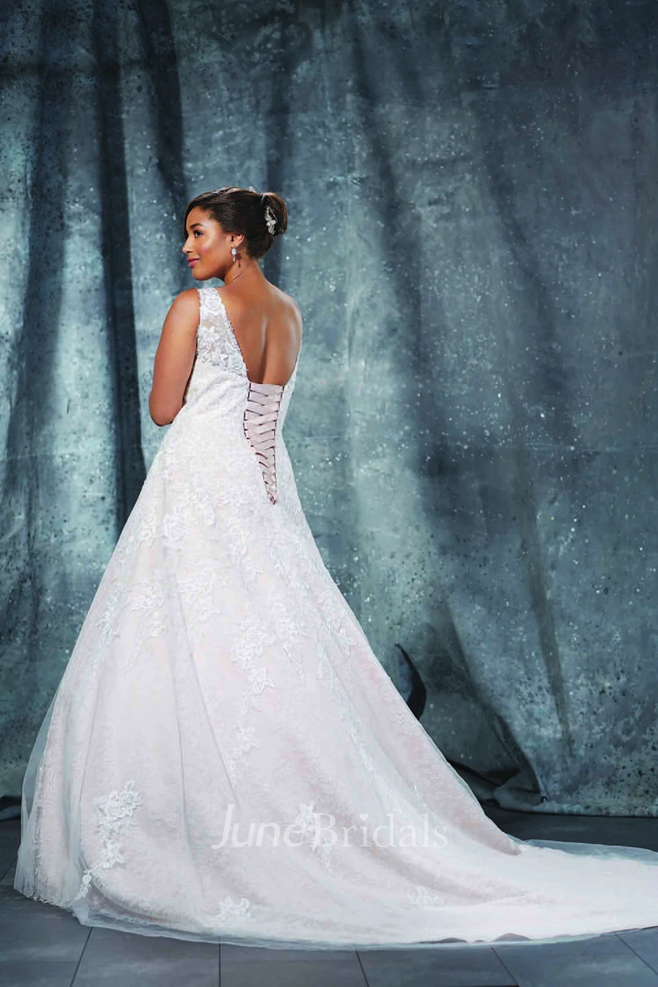 Ball Gown Long V-Neck Sleeveless Lace Brush Train Corset Back Waist Jewellery Dress