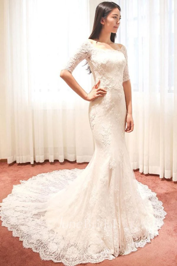 Off-the-shoulder Half Sleeve Mermaid Brush Train Lace Ivory Wedding Dress