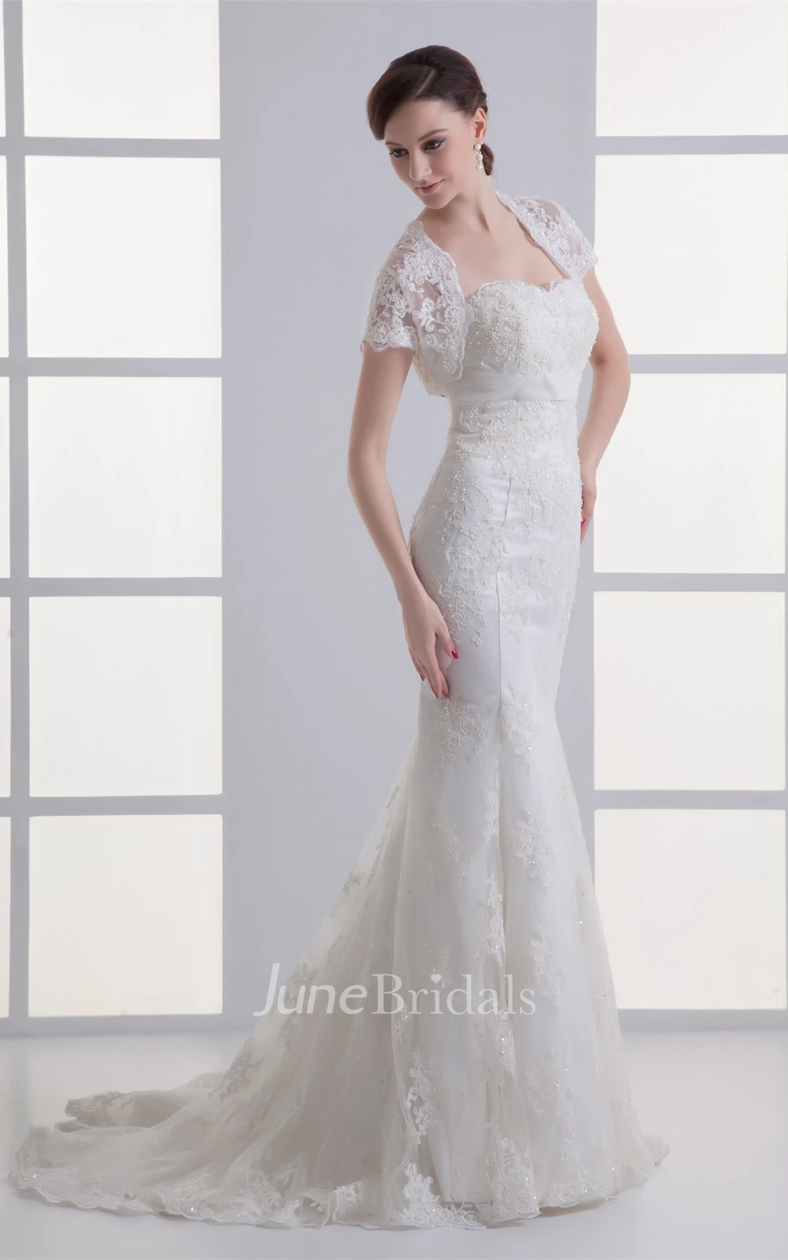 strapless lace mermaid gown with bolero and court train