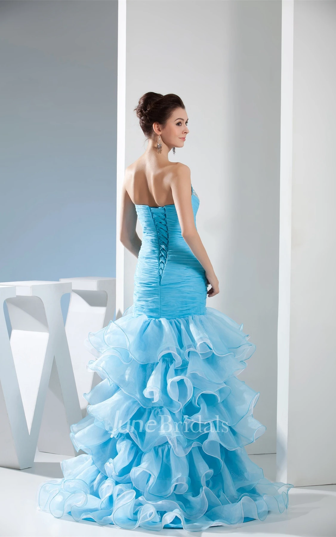 Sweetheart Mermaid Ruched Gown with Tiered Ruffle and Crystal Detailing