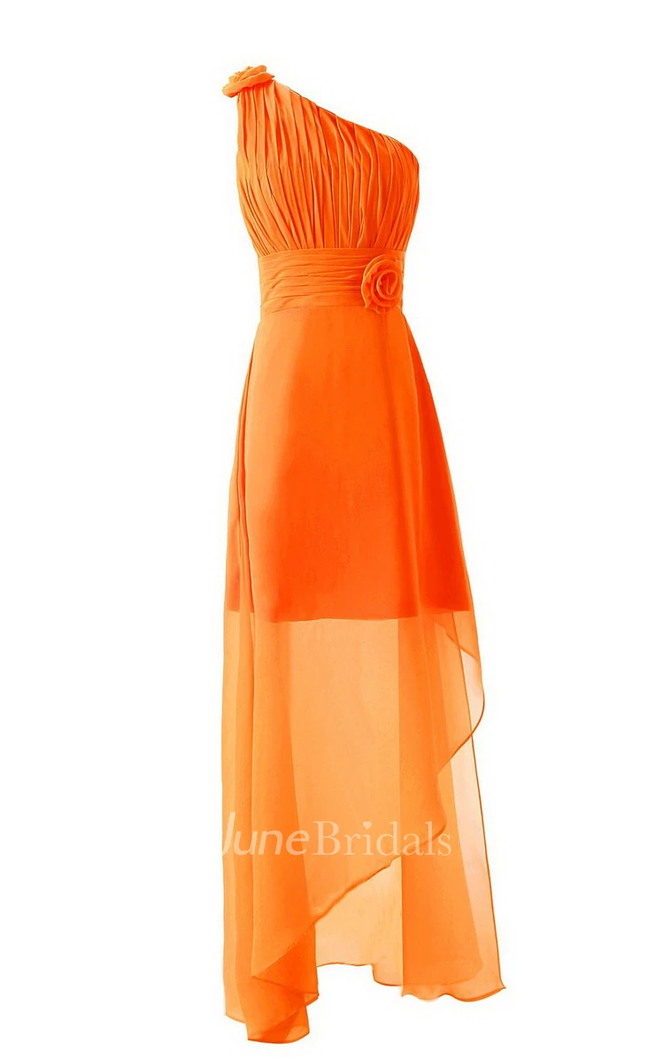 Asymmetrical One-shoulder Pleated Chiffon A-line Dress With Flowers
