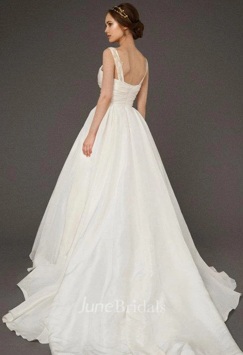 Square Neck A-Line Satin Wedding Dress With Ruching and Beading