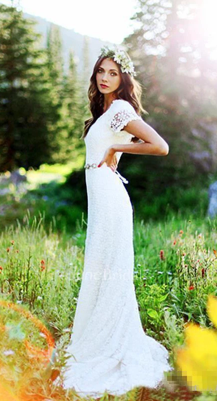 Vintage Country Modest Cap Sleeve Bohemian Crochet Lace A-line Wedding Dress with Beaded Belt