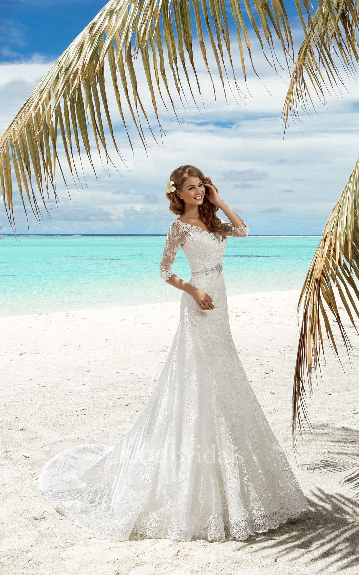 Mermaid Long V Neck T Shirt Sleeve Lace Up Lace Dress With Beading And Appliques June Bridals