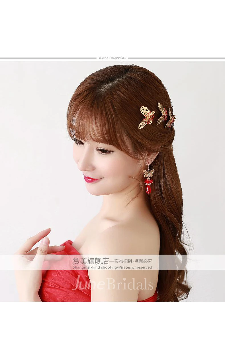 Bride Red Headdress Hair Ornaments Chinese Cheongsam Wedding Accessories Plate Hairpin U-Shaped Clip