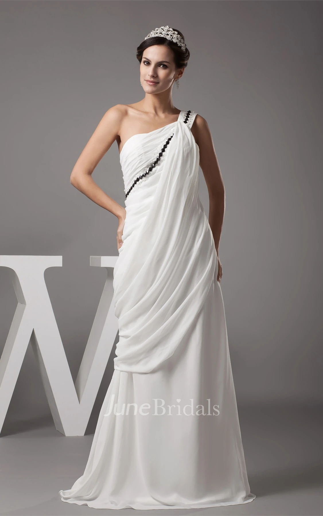 One-Shoulder Ruched A-Line Floor-Length Dress with Ruffles and Sequins