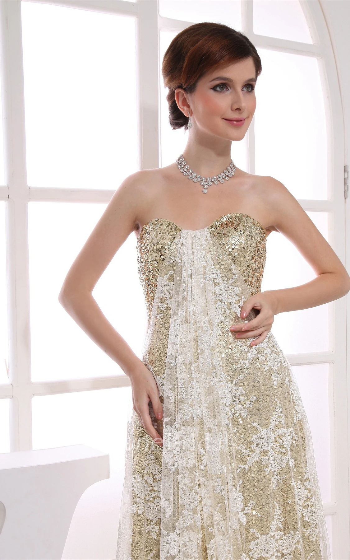 Strapless Tulle Floor-Length Dress with Overall Sequined Design