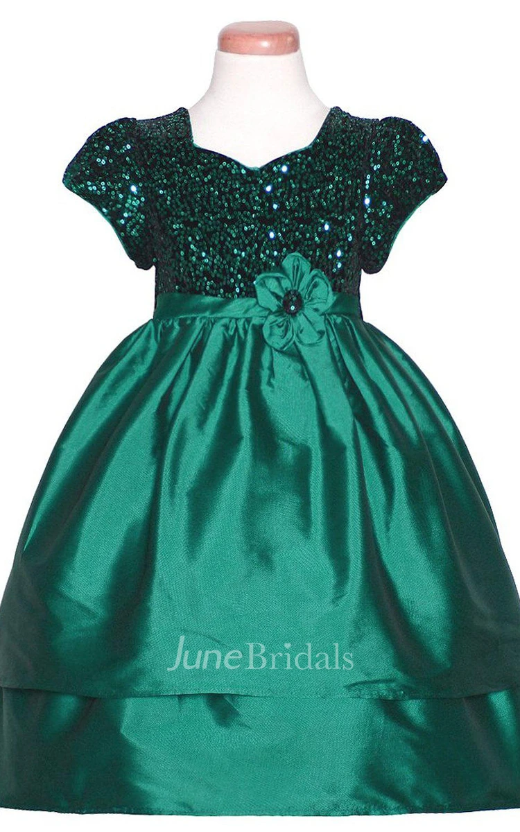 Short-sleeved A-line Sequined Dress With Flower and Pleats