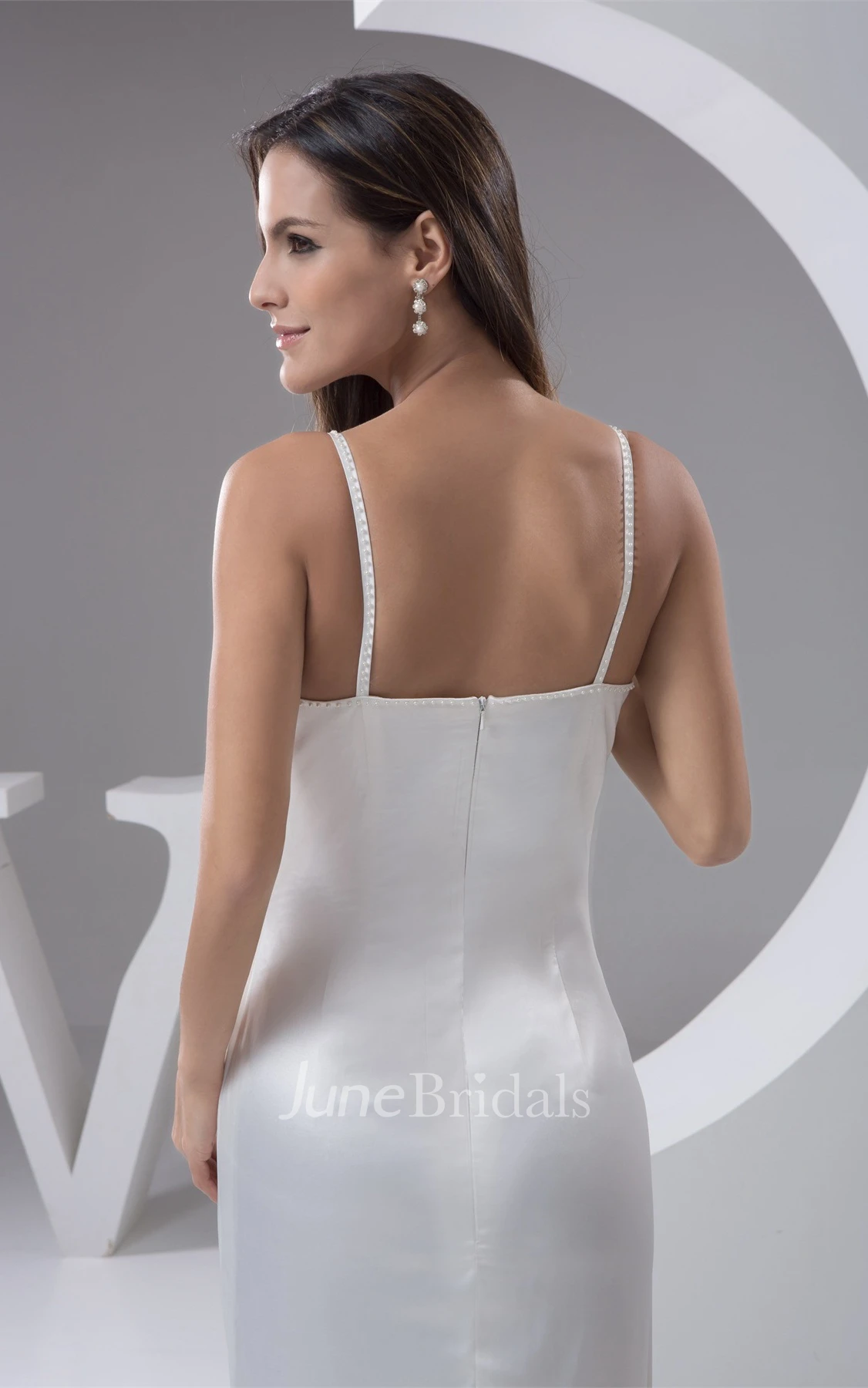 Spaghetti-Straps Satin Sheath Dress with Draping and Sweep Train