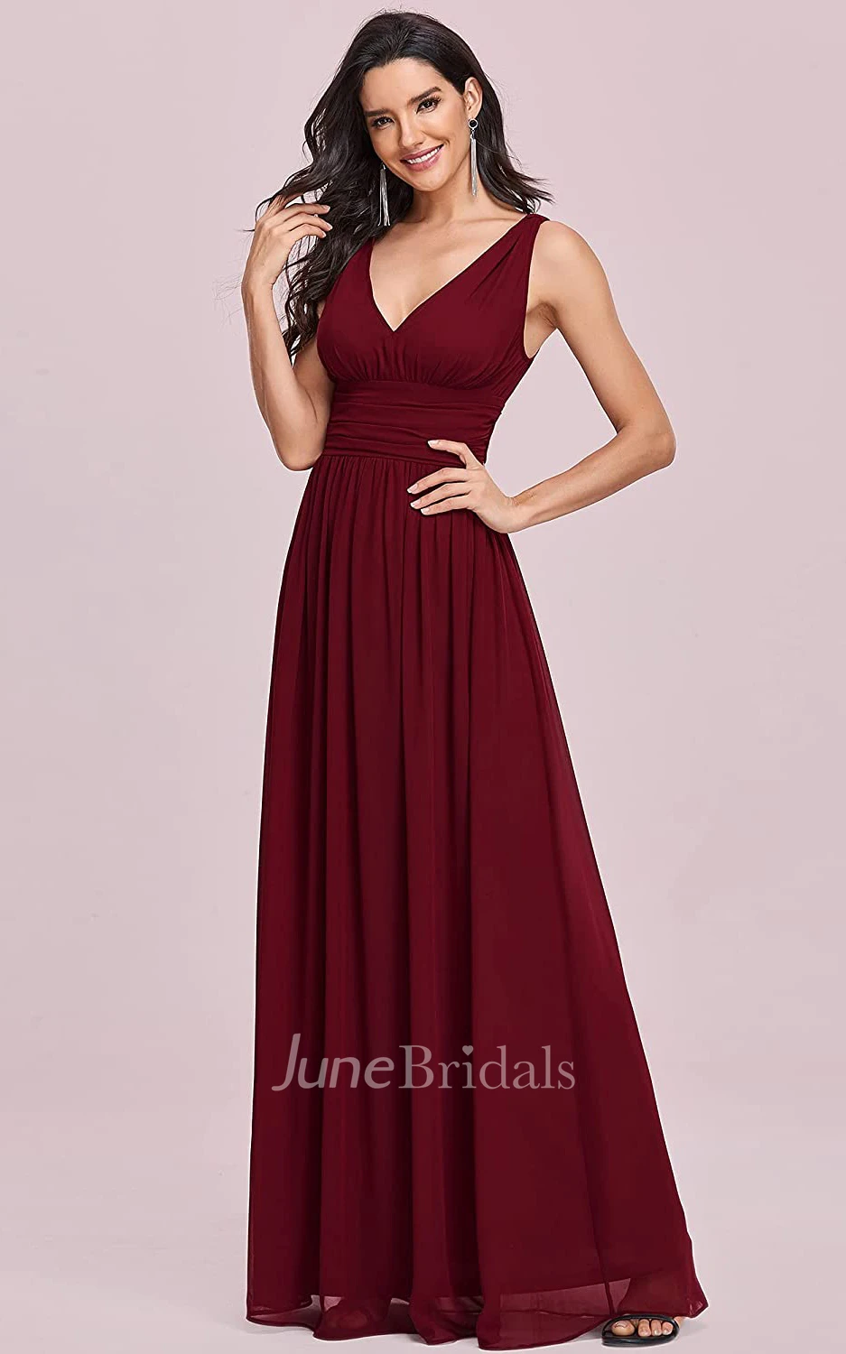A Line V-neck Chiffon Sleeveless Evening Dress With Ruffles