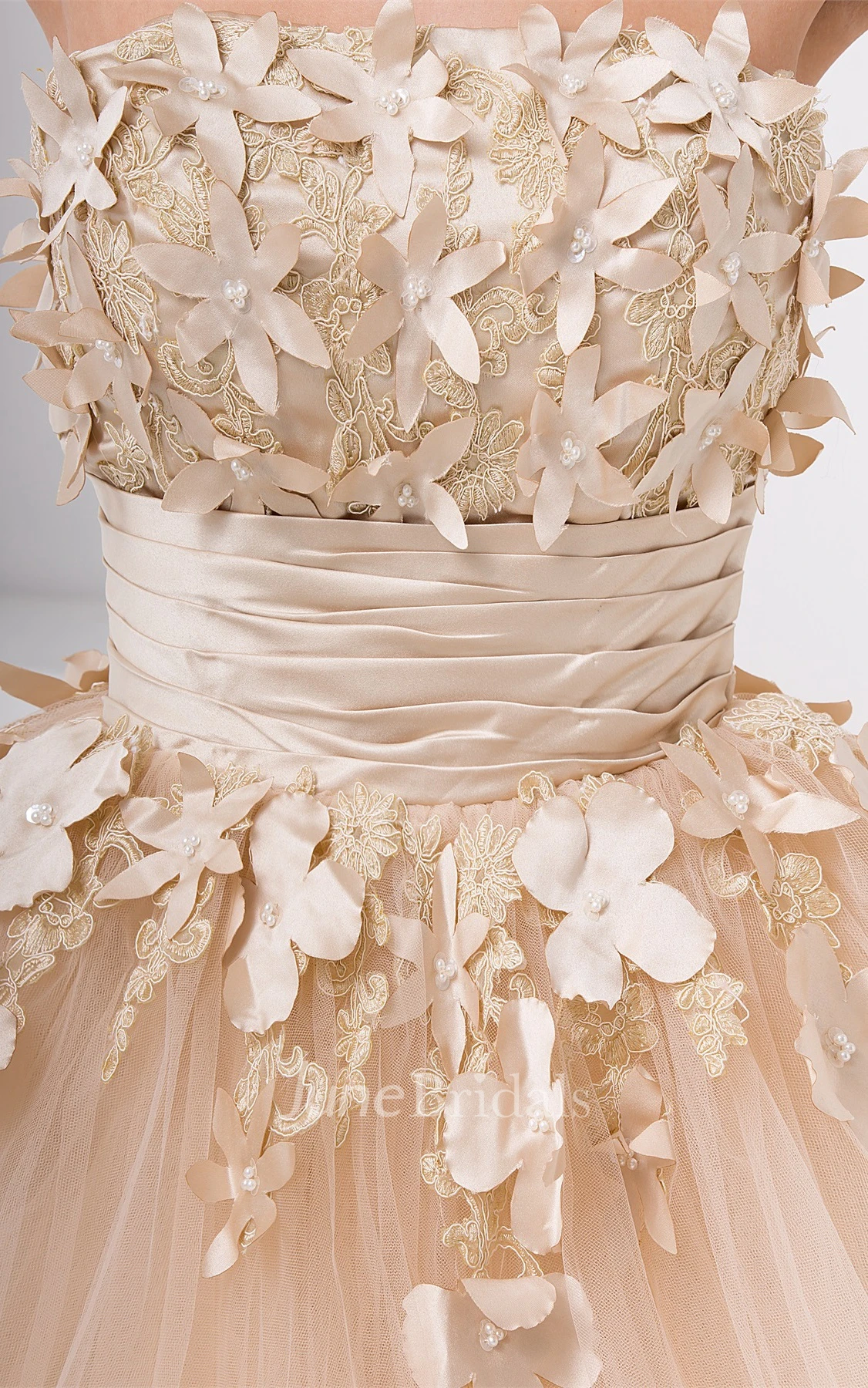 strapless ankle-length tulle dress with appliques and flower