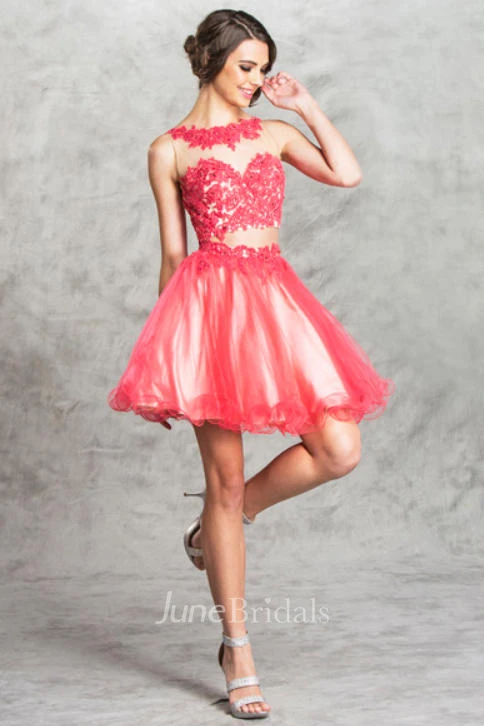 Two-Piece A-Line Short Scoop-Neck Sleeveless Tulle Illusion Dress With Appliques And Ruffles