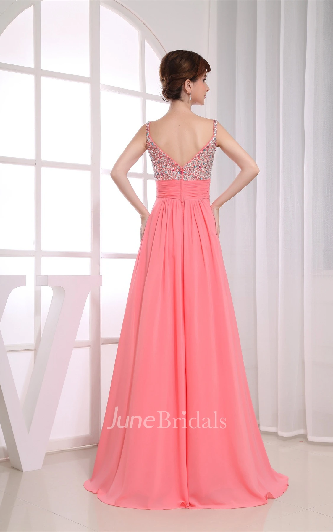 Spaghetti-Strap Chiffon Maxi Dress with Pleats and Rhinestone