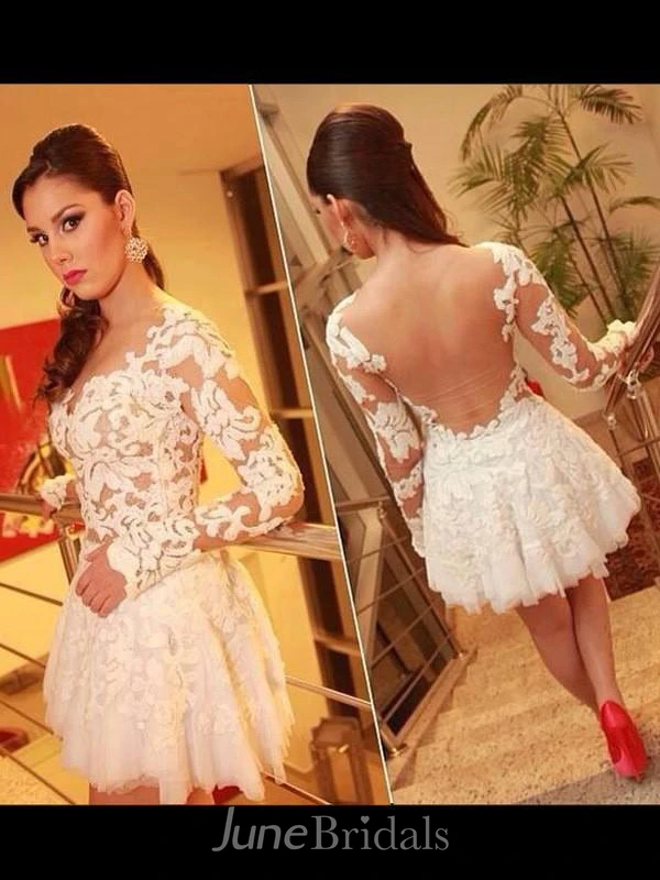 A-Line Princess Scoop Long Sleeves Lace Short Mini Tulle Dresses