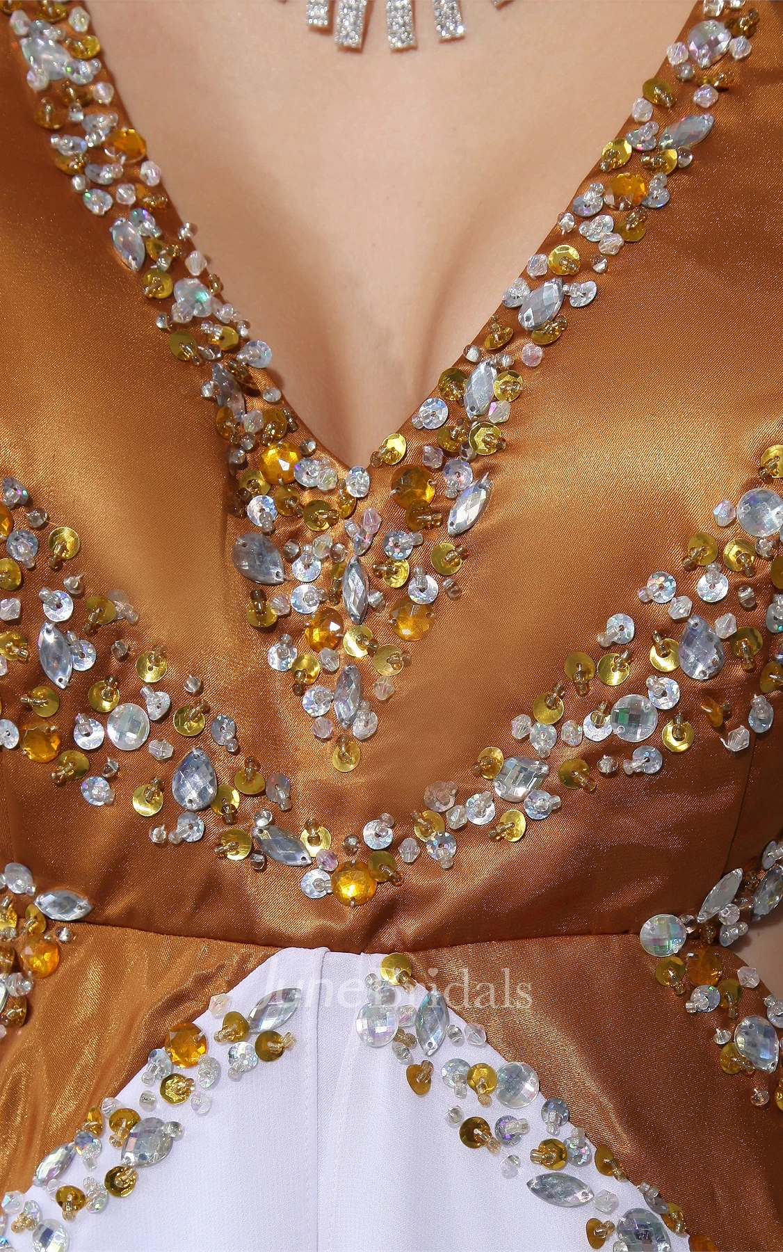 Two-Tone Plunged Spaghetti-Strap Dress with Keyhole and Front Slit