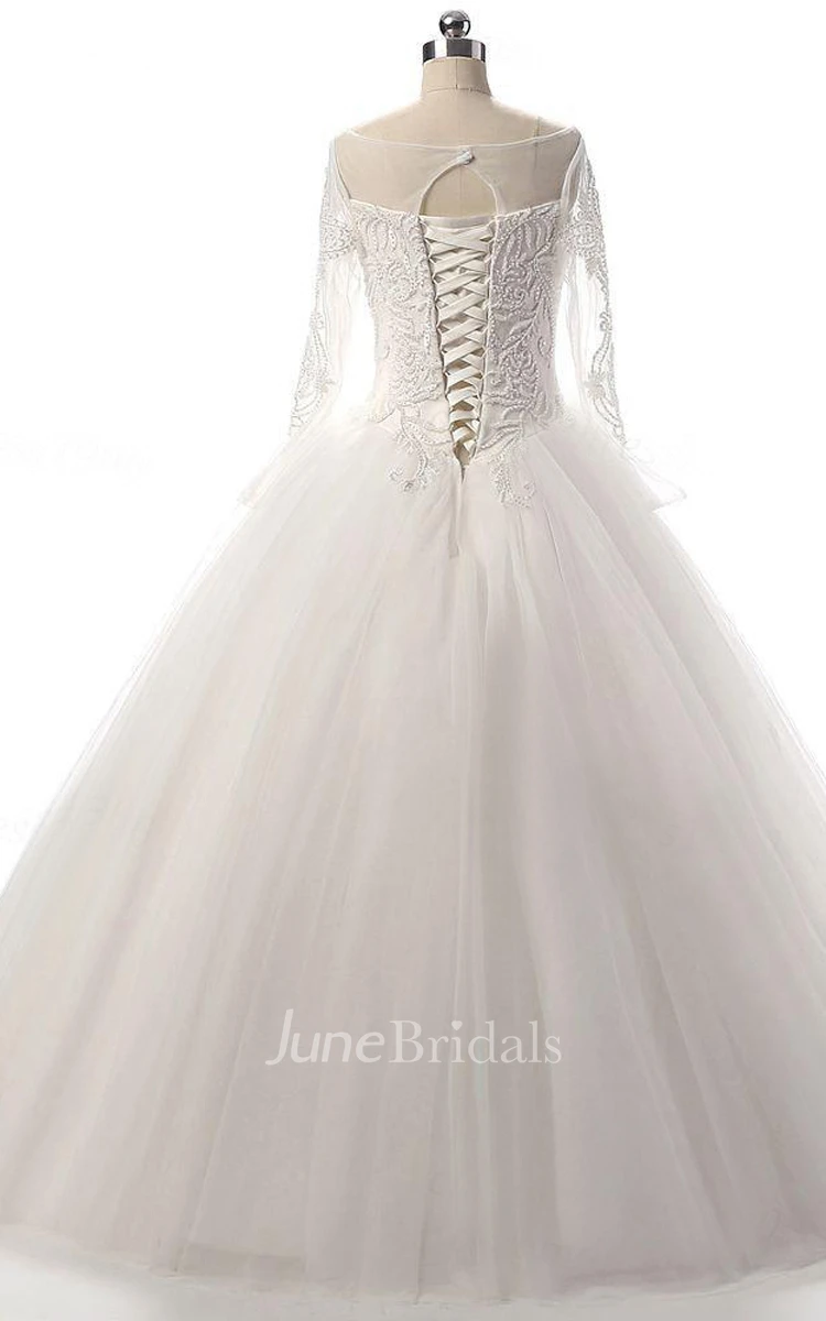 Tea-Length Bat Long Sleeve Tulle Lace Dress With Beading And Lace-Up Back