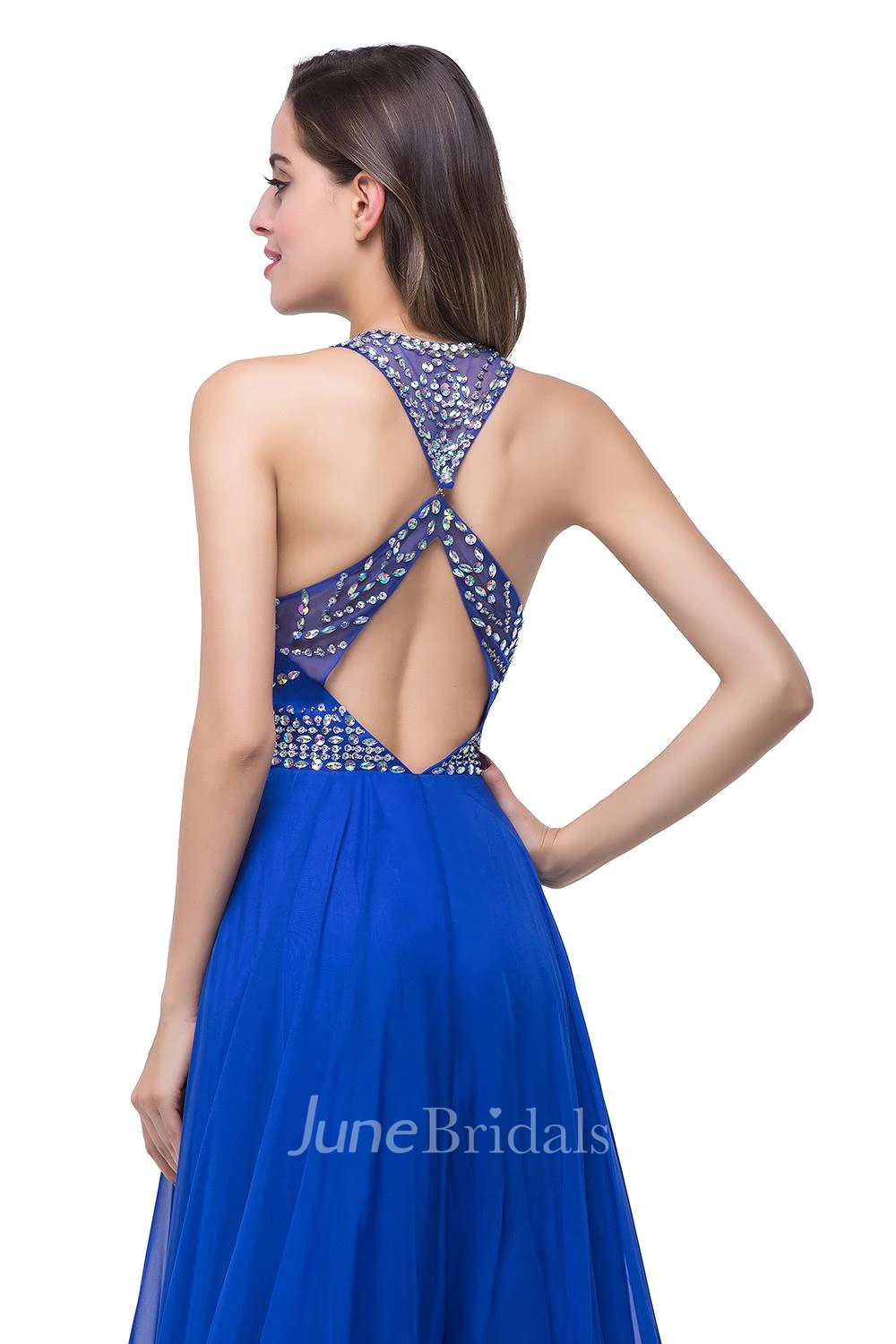 Newest Royal Blue Chiffon Prom Dress A-line Beadings Sweep Train