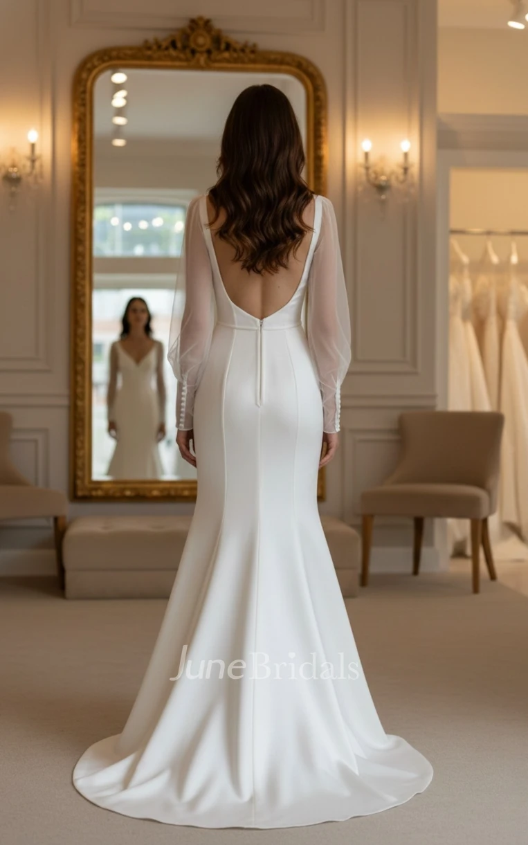 Modern Minimalist Mermaid Satin Long Sleeve Spring Wedding Dress Square Neck Open Back Bridal Gown