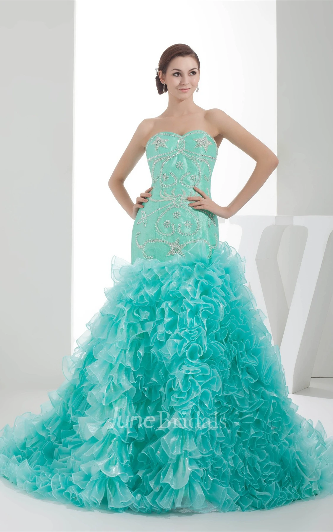 Sweetheart Ruffled A-Line Gown with Gemmed Bodice