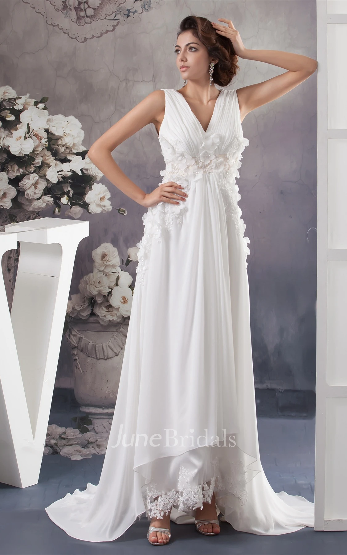 V-Neck Chiffon High-Low Dress with Ruching and Floral Waist