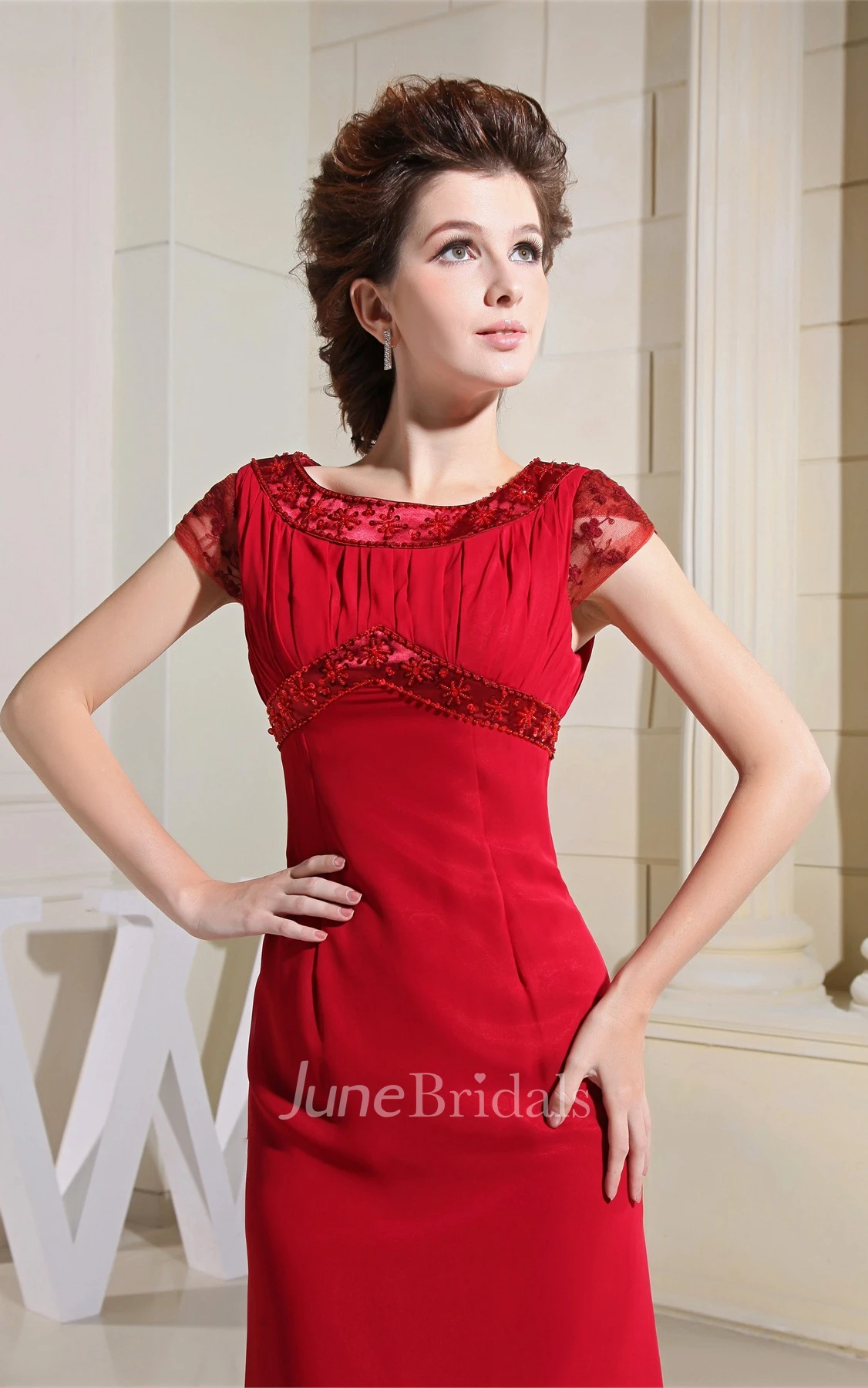 Caped-Sleeve Appliqued Chiffon Sheath Dress with Rhinestone