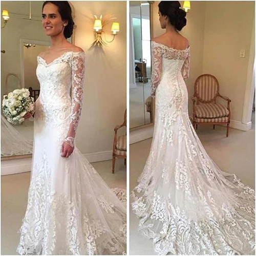 Gorgeous Mermaid Off-The-Shoulder Lace Trumpet Boho Spring Wedding Dress Glamorous Long Sleeves Court Train Gown