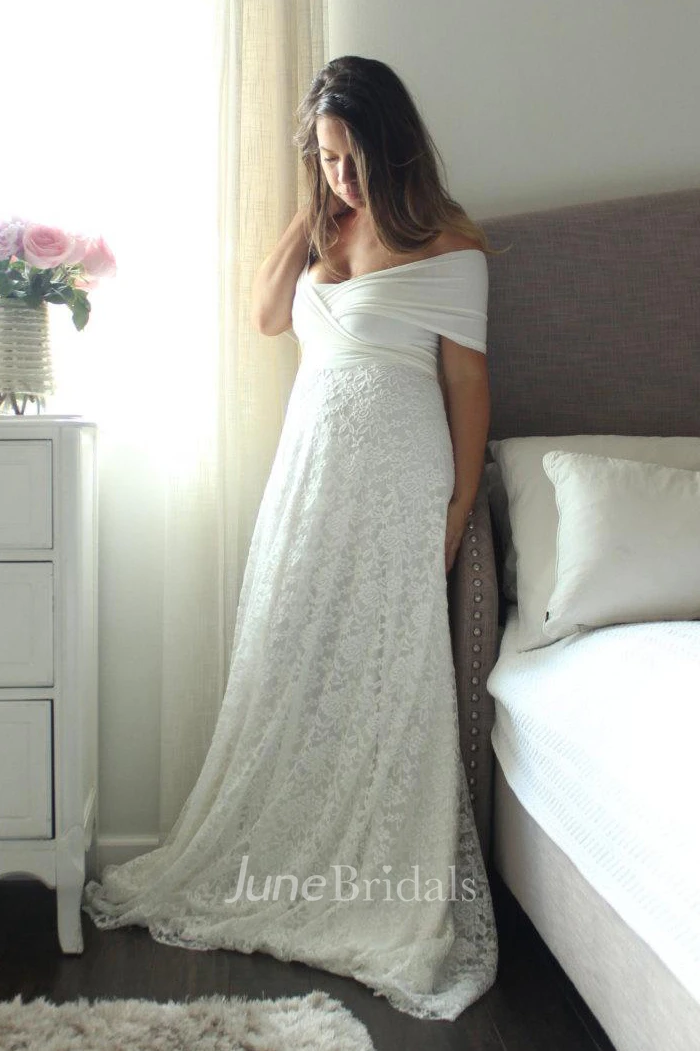 Long A-Line Lace Warm Wedding Dress With Wrapped Bodice