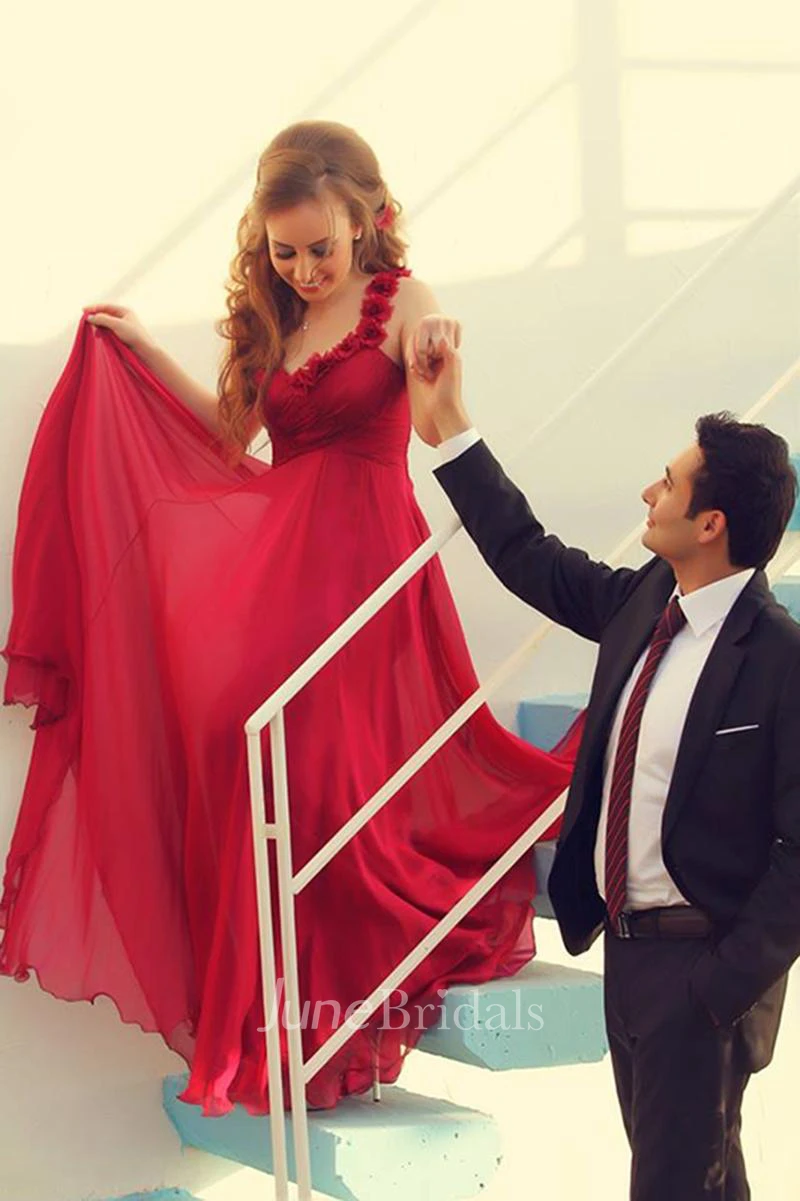 Modern Straps Flowers Chiffon Evening Dress A-line Sweep Train