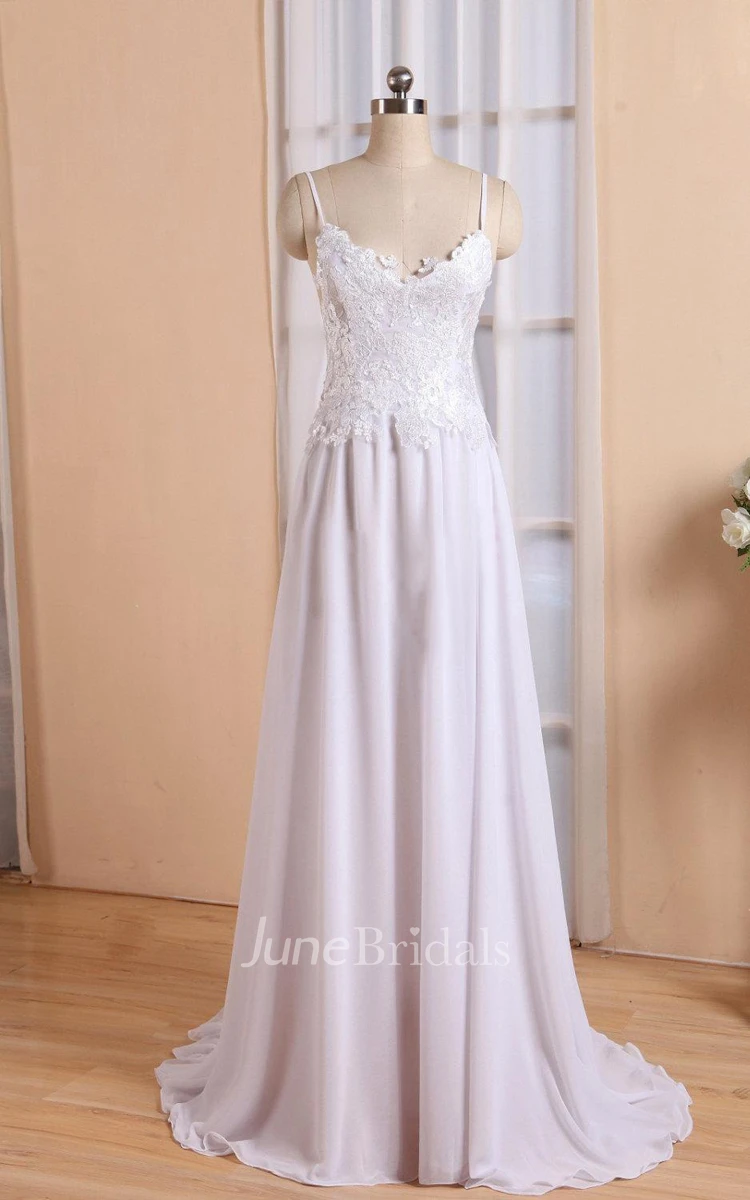 Spaghetti Neck Backless Sheath Long Chiffon Wedding Dress With Appliques