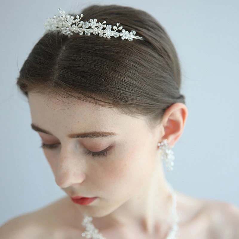 Elegant Silver Bridal Rhinestone Pearl Necklace and Earrings and Crown