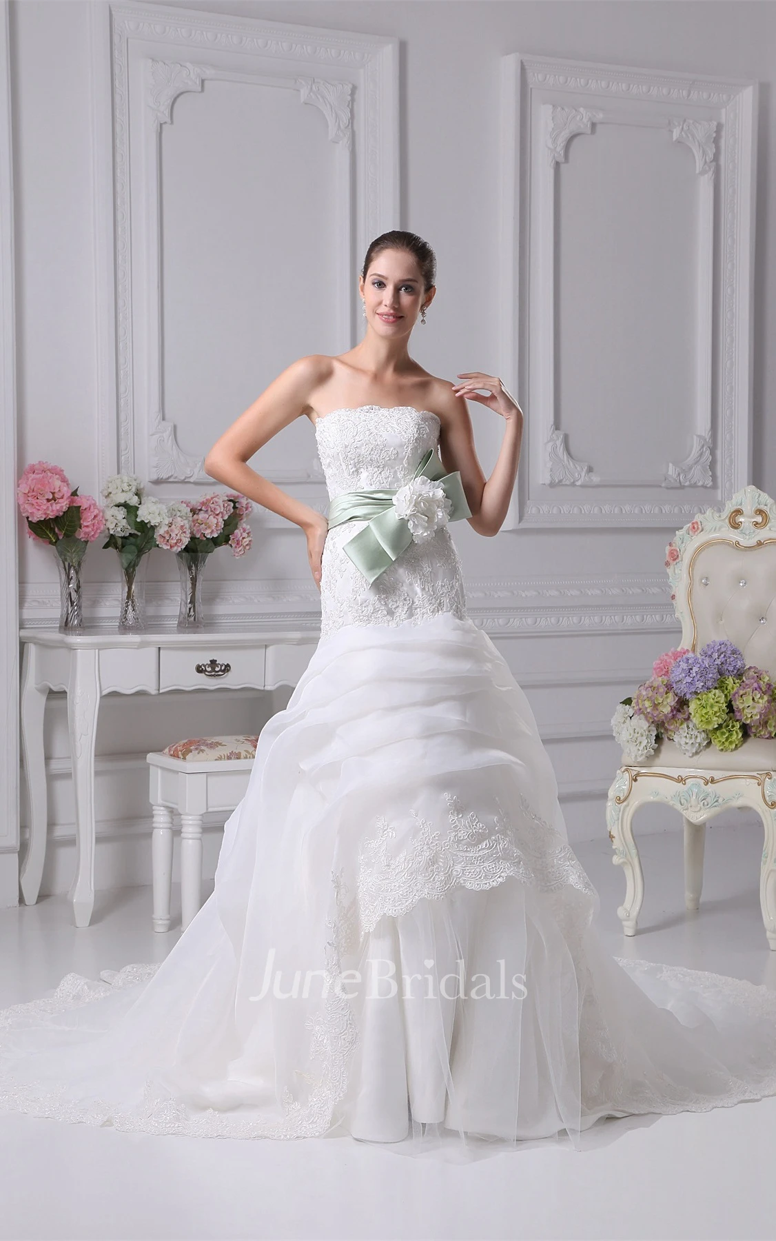 Strapless Appliqued A-Line Gown with Beading and Floral Bow