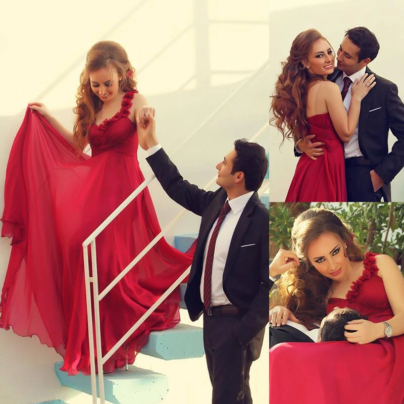 Modern Straps Flowers Chiffon Evening Dress A-line Sweep Train