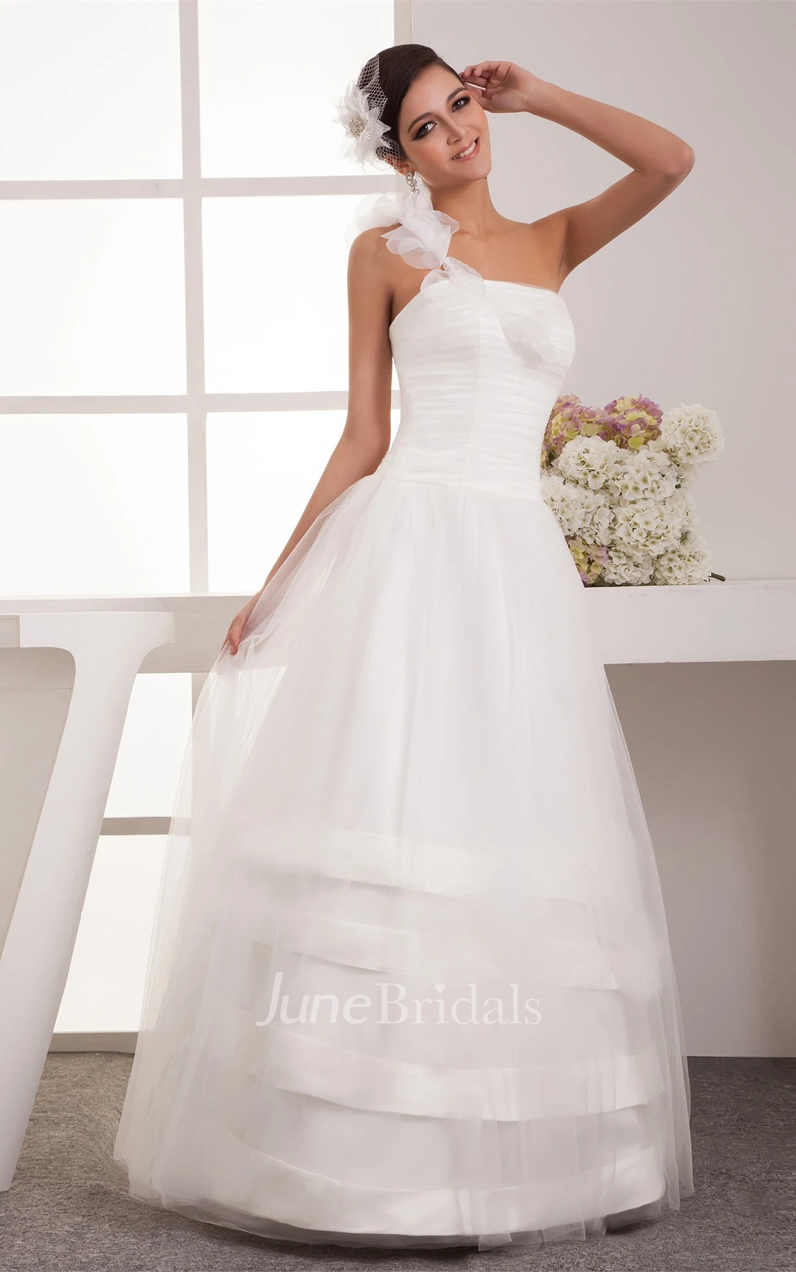 One-Shoulder Tulle A-Line Dress with Ruching and Single Strap
