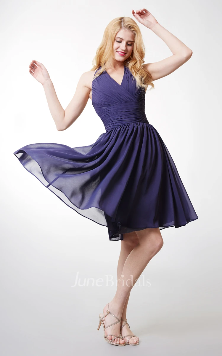 Cute Chiffon Halter Dress With Cummerbund Waist and Short Swirling Skirts