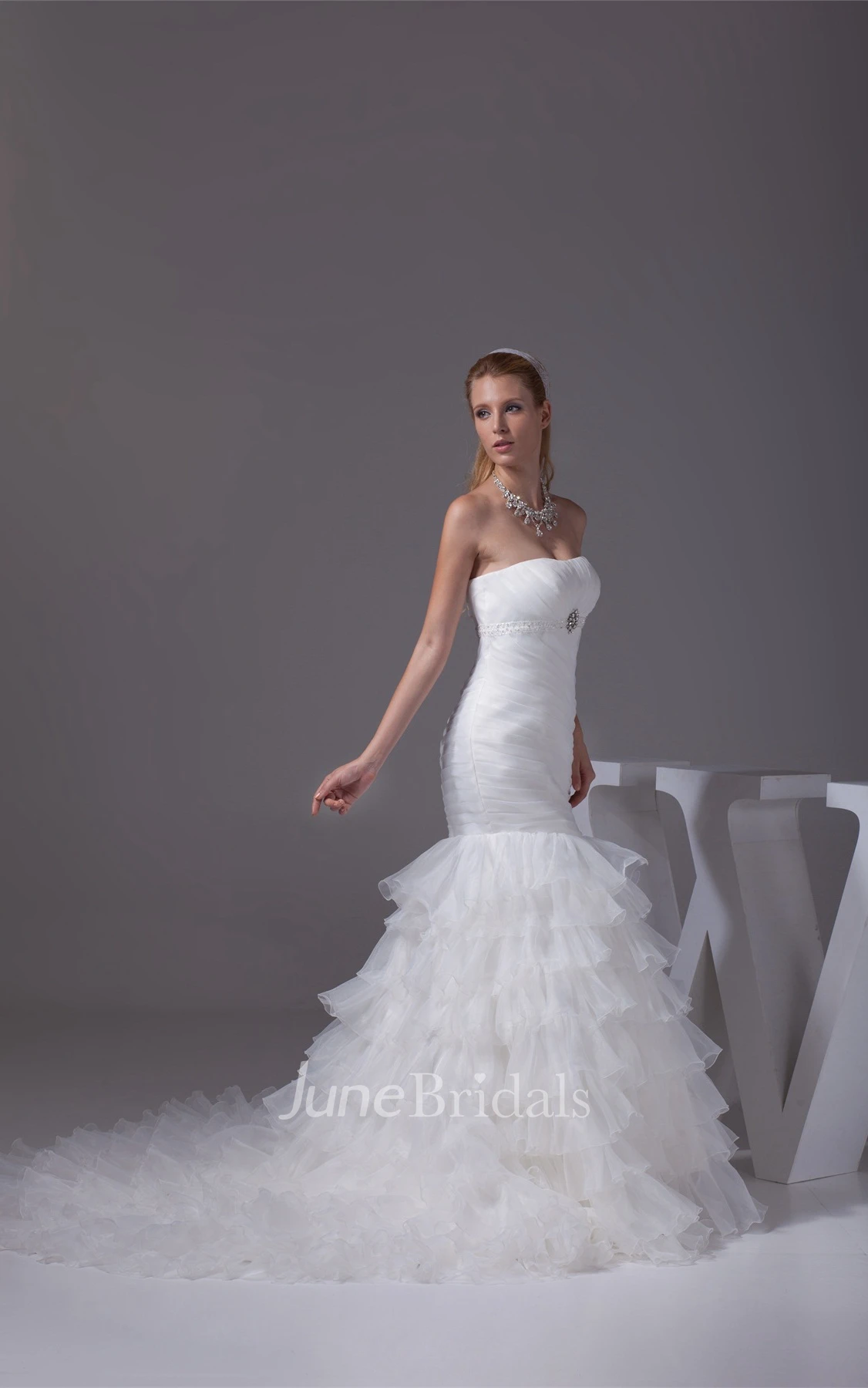 Strapless Tiered Tulle Dress with Ruching and Broach
